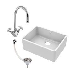 [BSK202WT2] Single Bowl Fireclay Ceramic Butler Kitchen Sink Bundle with Overflow, Mixer Tap & Waste - Cutout