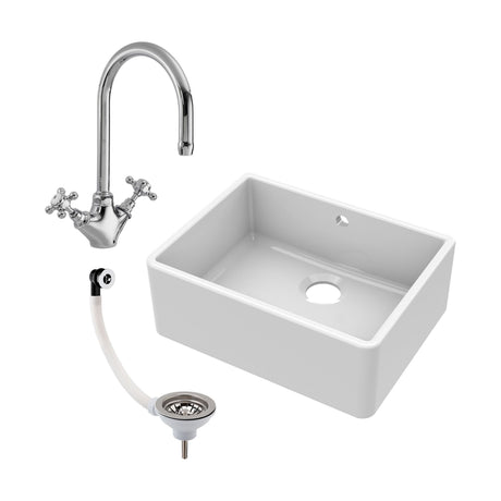 [BSK202WT2] Single Bowl Fireclay Ceramic Butler Kitchen Sink Bundle with Overflow, Mixer Tap & Waste - Cutout