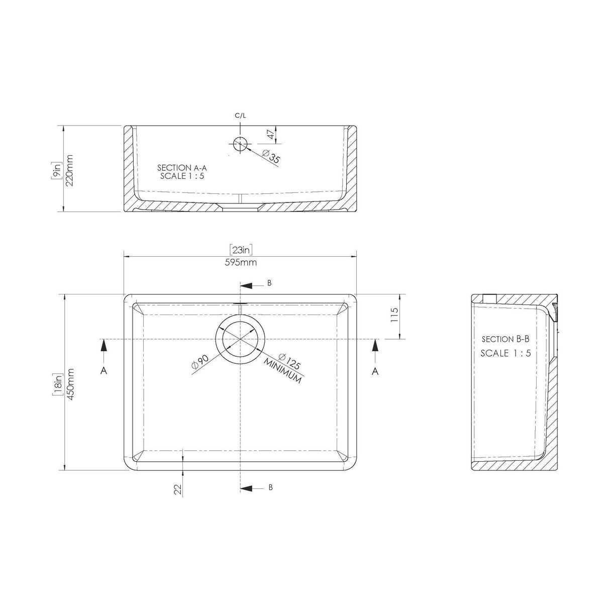 [BSK202WT2] Single Bowl Fireclay Ceramic Butler Kitchen Sink Bundle with Overflow, Mixer Tap & Waste - Technical Drawing