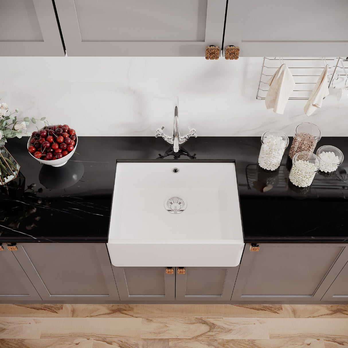 [BSK202WT2] Single Bowl Fireclay Ceramic Butler Kitchen Sink Bundle with Overflow, Mixer Tap & Waste - Lifestyle 2
