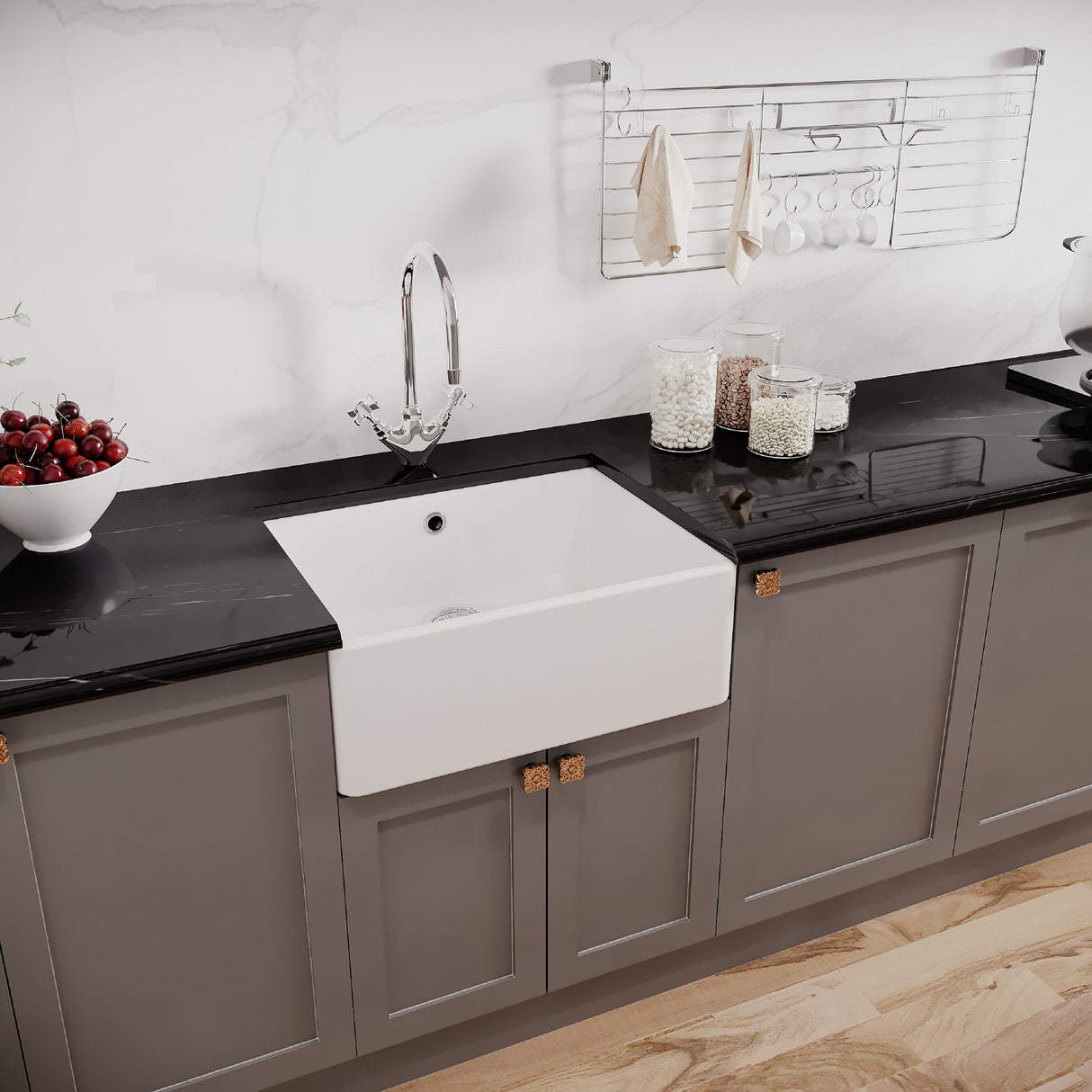 [BSK202WT2] Single Bowl Fireclay Ceramic Butler Kitchen Sink Bundle with Overflow, Mixer Tap & Waste - Lifestyle 3