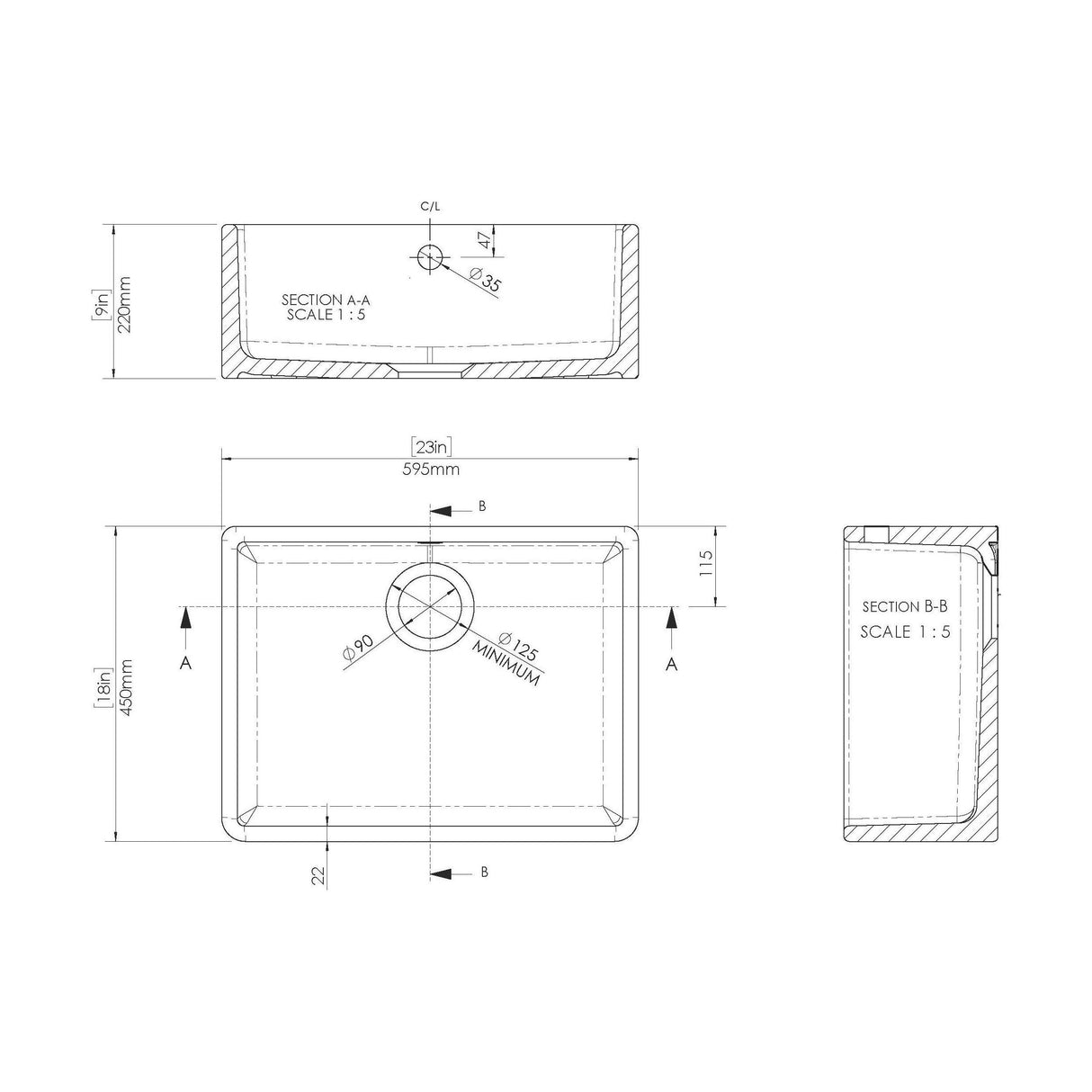 [BSK202WT4] Single Bowl Fireclay Ceramic Butler Kitchen Sink Bundle with Classic Tap & Waste - Technical Drawing