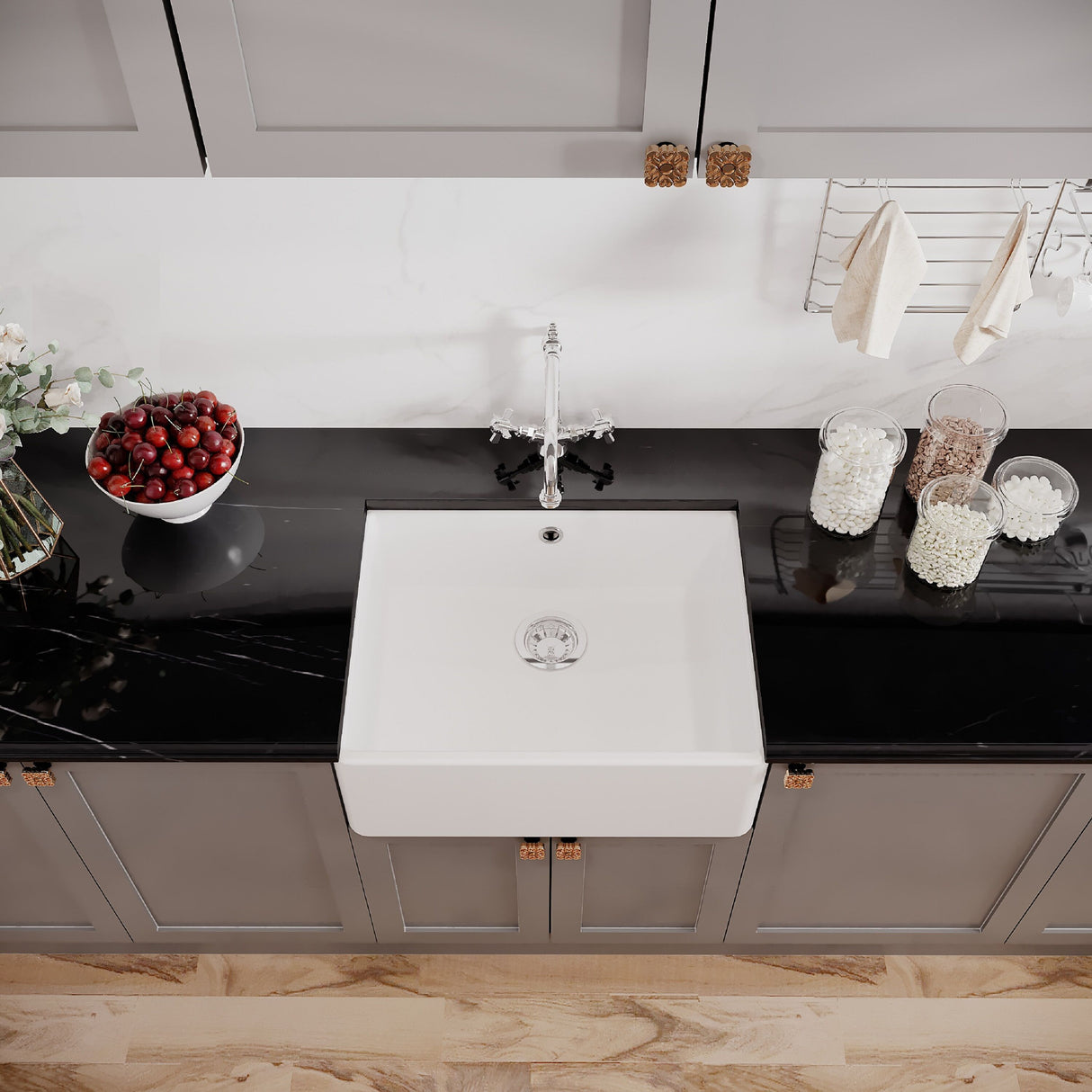 [BSK202WT4] Single Bowl Fireclay Ceramic Butler Kitchen Sink Bundle with Classic Tap & Waste - Lifestyle 2