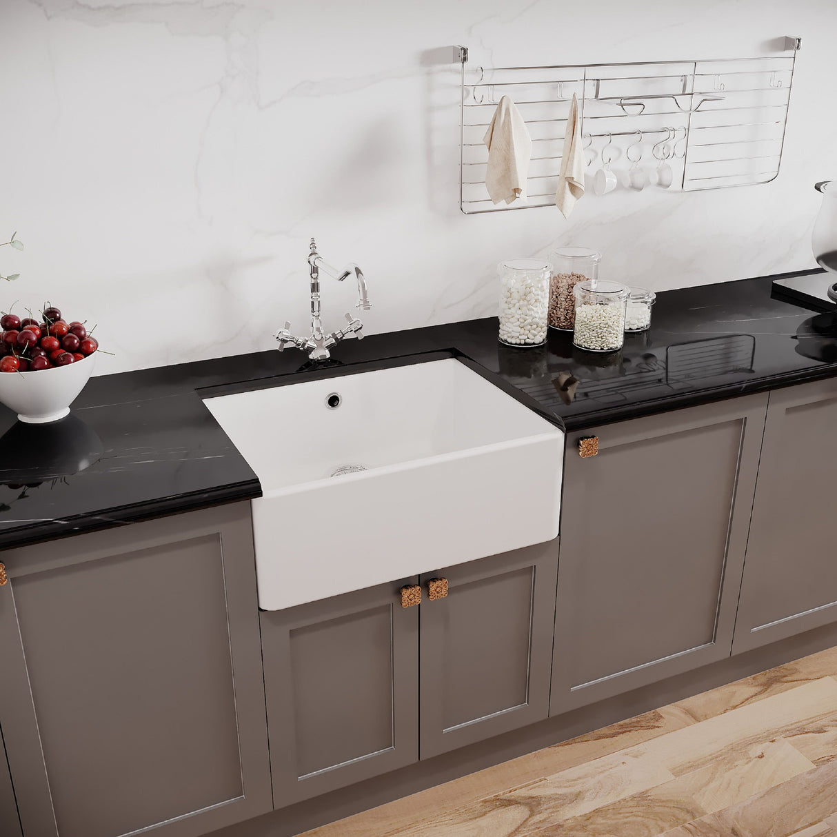 [BSK202WT4] Single Bowl Fireclay Ceramic Butler Kitchen Sink Bundle with Classic Tap & Waste - Lifestyle 3