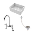 [BSK202WT5] Traditional Fireclay Kitchen Bundle: Single Bowl Butler Sink with Overflow, Waste & Bridge Mixer Tap, 595mm - Chrome - Cutout