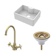 [BSK203WT11] Traditional Fireclay Kitchen Bundle: Single Bowl Butler Sink with Tap Ledge, Waste & Mono Tap, 595mm - Brushed Brass - Cutout