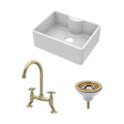 [BSK203WT14] Fireclay Kitchen Bundle: Single Bowl Butler Sink with Tap Ledge, Waste & Bridge Tap, 595mm - Brushed Brass - Cutout