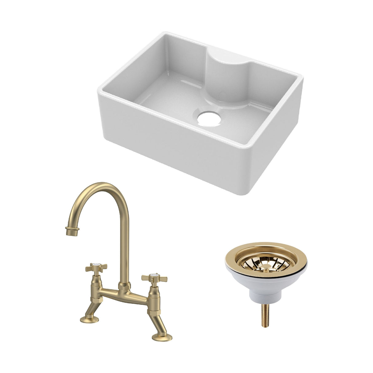 [BSK203WT14] Fireclay Kitchen Bundle: Single Bowl Butler Sink with Tap Ledge, Waste & Bridge Tap, 595mm - Brushed Brass - Cutout
