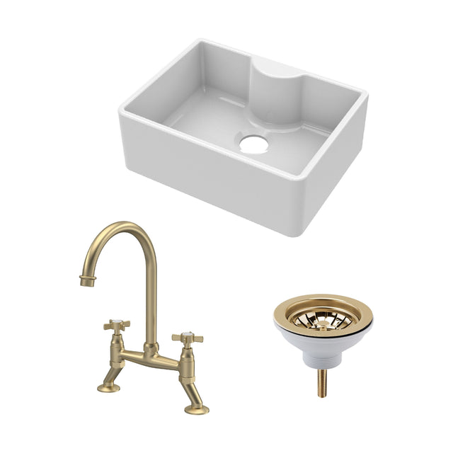 [BSK203WT14] Fireclay Kitchen Bundle: Single Bowl Butler Sink with Tap Ledge, Waste & Bridge Tap, 595mm - Brushed Brass - Cutout