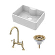 [BSK203WT15] Fireclay Kitchen Bundle: Single Bowl Butler Sink with Tap Ledge, Waste & Lever Tap, 595mm - Brushed Brass - Cutout