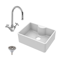 [BSK203WT2] Single Bowl Fireclay Ceramic Butler Kitchen Sink Bundle with Tap Ledge, Mono Mixer Tap, & Waste - Cutout