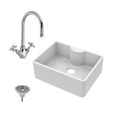 [BSK203WT2] Single Bowl Fireclay Ceramic Butler Kitchen Sink Bundle with Tap Ledge, Mono Mixer Tap, & Waste - Cutout