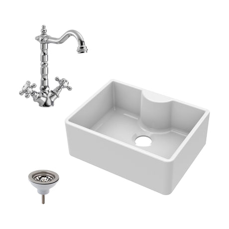 [BSK203WT4] Single Bowl Fireclay Ceramic Butler Kitchen Sink Bundle Waste & French Tap - Cutout