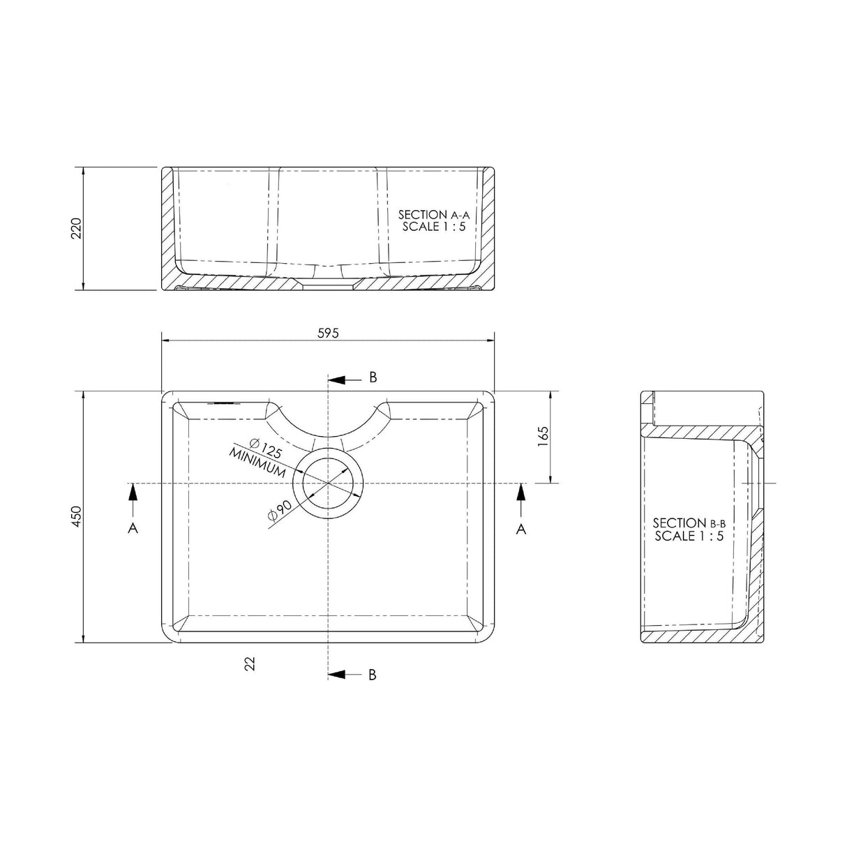 [BSK203WT4] Single Bowl Fireclay Ceramic Butler Kitchen Sink Bundle Waste & French Tap - Technical Drawing