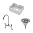 [BSK203WT5] Traditional Fireclay Kitchen Bundle: Single Bowl Butler Sink with Tap Ledge, Waste & Bridge Mixer Tap, 595mm - Chrome - Cutout