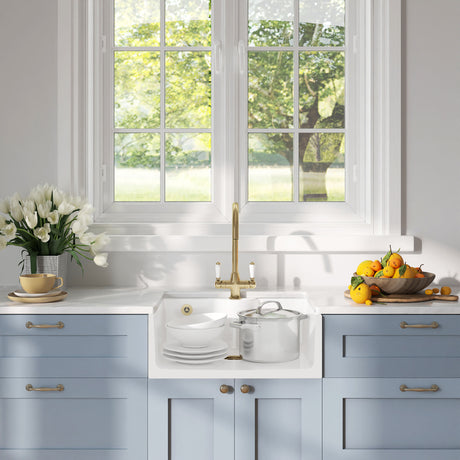 Traditional Fireclay Single Bowl Butler Kitchen Sink Bundle with Overflow, Tap Ledge, Mono Mixer Tap & Waste, 595mm - Brushed Brass