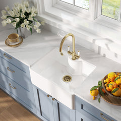 [BSK204WT12] Traditional Fireclay Single Bowl Butler Kitchen Sink Bundle with Overflow, Tap Ledge, Mono Mixer Tap & Waste, 595mm - Brushed Brass - Lifestyle 2
