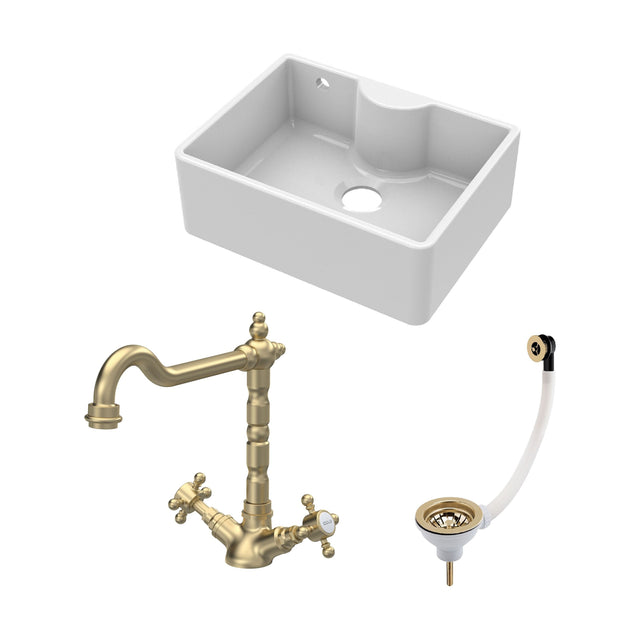 [BSK204WT13] Fireclay Kitchen Bundle: Single Bowl Butler Sink with Overflow, Tap Ledge, Waste & Classic Tap, 595mm - Brushed Brass - Cutout