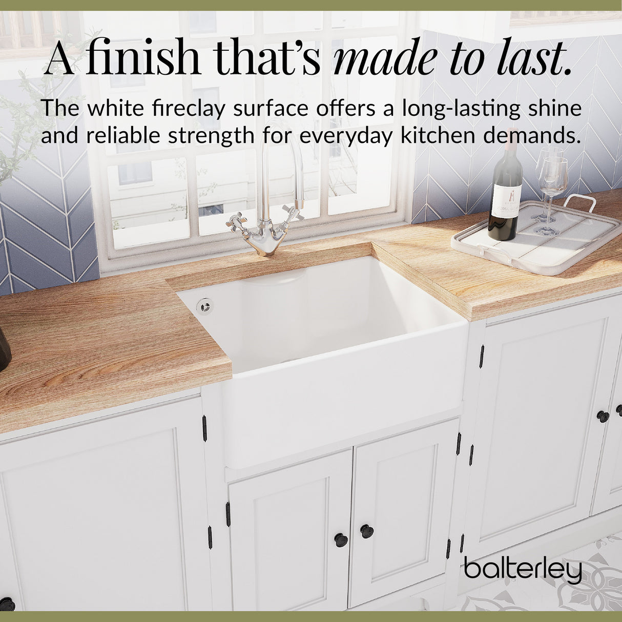 Single Bowl Fireclay Ceramic  Butler Kitchen Sink Bundle with Tap Ledge, Overflow, Tap & Waste