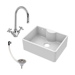 [BSK204WT2] Traditional Fireclay Kitchen Sink Bundle: Single Bowl Butler Tap Ledge, Overflow, Waste and Kitchen Mixer Tap, 595mm - Cutout