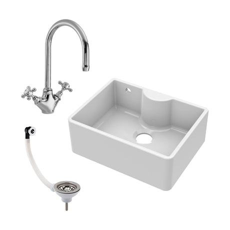 [BSK204WT2] Traditional Fireclay Kitchen Sink Bundle: Single Bowl Butler Tap Ledge, Overflow, Waste and Kitchen Mixer Tap, 595mm - Cutout