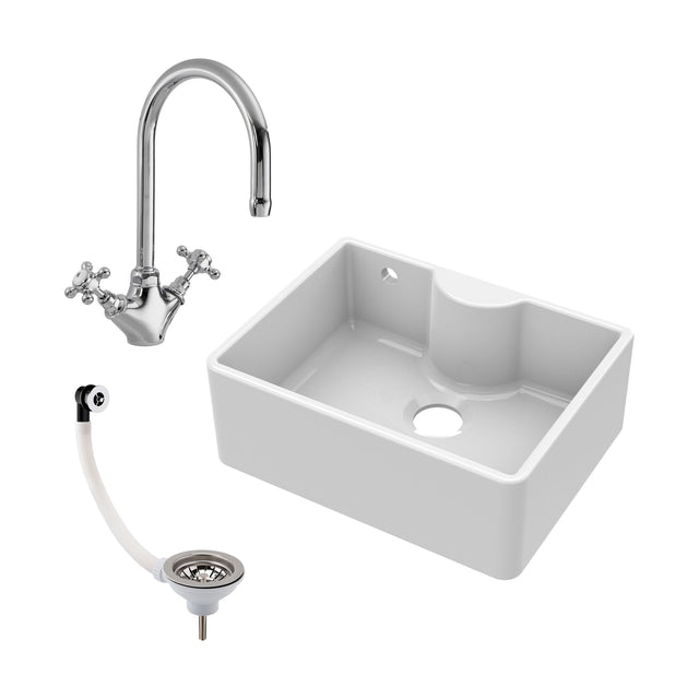 [BSK204WT2] Traditional Fireclay Kitchen Sink Bundle: Single Bowl Butler Tap Ledge, Overflow, Waste and Kitchen Mixer Tap, 595mm - Cutout