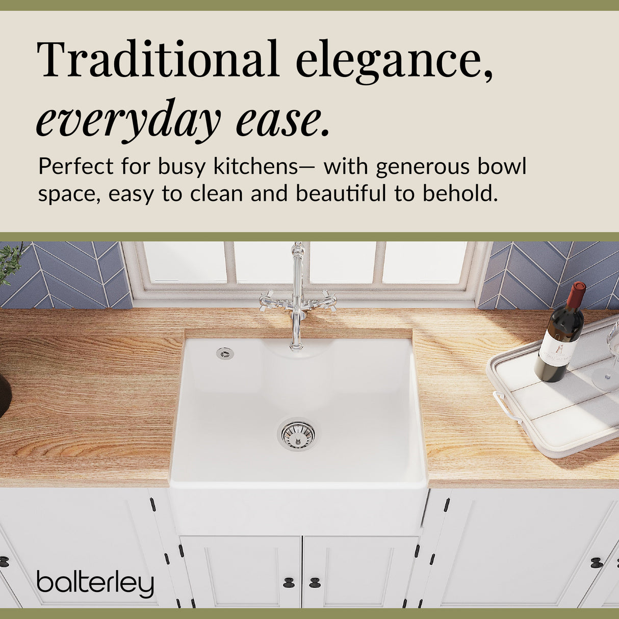 Single Bowl Fireclay Ceramic Butler Kitchen Sink Bundle with Classic Tap & Waste