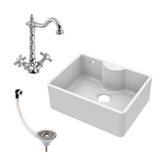 [BSK204WT4] Fireclay 595mm Single Bowl Butler Kitchen Sink with Tap Ledge, Overflow, Classic Kitchen Mixer Tap and Waste Bundle by Balterley - Cutout
