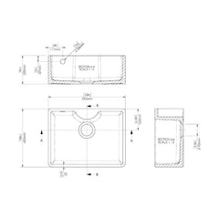 [BSK204WT4] Fireclay 595mm Single Bowl Butler Kitchen Sink with Tap Ledge, Overflow, Classic Kitchen Mixer Tap and Waste Bundle by Balterley - Technical Drawing