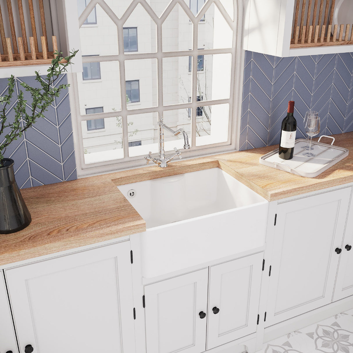 [BSK204WT4] Fireclay 595mm Single Bowl Butler Kitchen Sink with Tap Ledge, Overflow, Classic Kitchen Mixer Tap and Waste Bundle by Balterley - Lifestyle 3