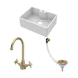 [BSK205WT11] Traditional Fireclay Kitchen Bundle: Single Bowl Butler Sink with Overflow, Tap Hole, Waste & Mono Tap, 595mm - Brushed Brass - Cutout