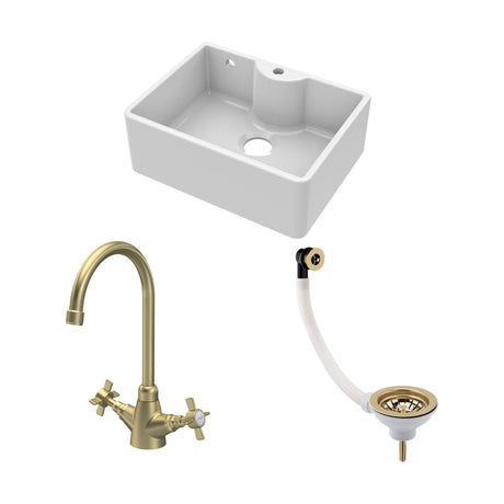 [BSK205WT11] Traditional Fireclay Kitchen Bundle: Single Bowl Butler Sink with Overflow, Tap Hole, Waste & Mono Tap, 595mm - Brushed Brass - Cutout