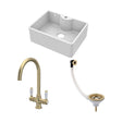 [BSK205WT12] Traditional Fireclay Kitchen Bundle: Single Bowl Butler Sink and Overflow & Tap Hole, Waste & Lever Mixer Tap, 595mm - Brushed Brass - Cutout