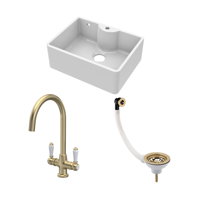 [BSK205WT12] Traditional Fireclay Kitchen Bundle: Single Bowl Butler Sink and Overflow & Tap Hole, Waste & Lever Mixer Tap, 595mm - Brushed Brass - Cutout