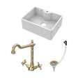 [BSK205WT13] Fireclay Kitchen Bundle: Single Bowl Butler Sink with Overflow, Tap Hole, Waste & Classic Tap, 595mm - Brushed Brass - Cutout