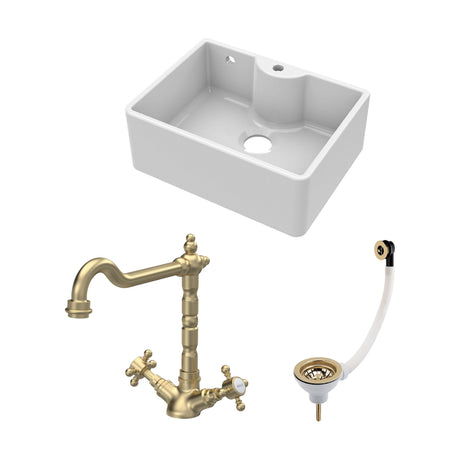 Fireclay Kitchen Bundle - Single Bowl Butler Sink with Overflow, Tap Hole, Waste & Classic Tap, 595mm - Brushed Brass - Balterley