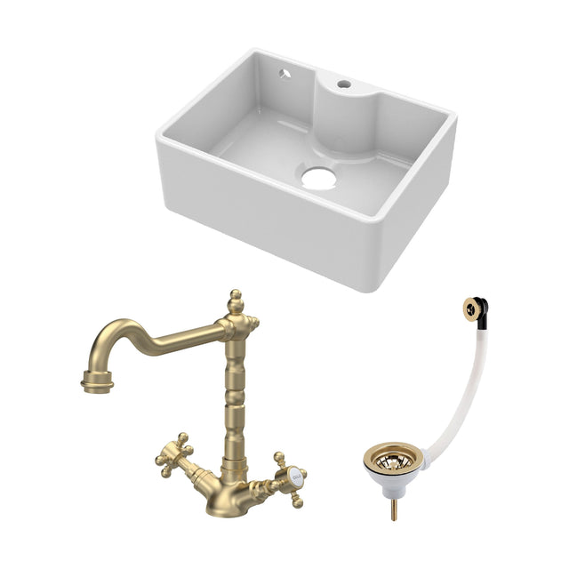 [BSK205WT13] Fireclay Kitchen Bundle: Single Bowl Butler Sink with Overflow, Tap Hole, Waste & Classic Tap, 595mm - Brushed Brass - Cutout