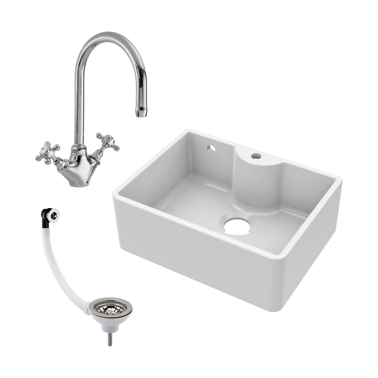 [BSK205WT2] Single Bowl Fireclay Ceramic Butler Kitchen Sink Bundle with Tap Ledge, Overflow, Tap & Waste - Cutout