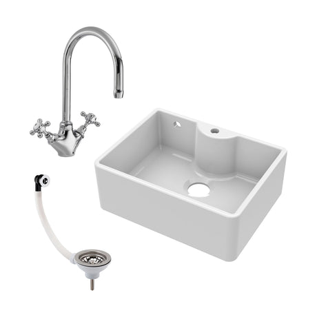 [BSK205WT2] Single Bowl Fireclay Ceramic Butler Kitchen Sink Bundle with Tap Ledge, Overflow, Tap & Waste - Cutout