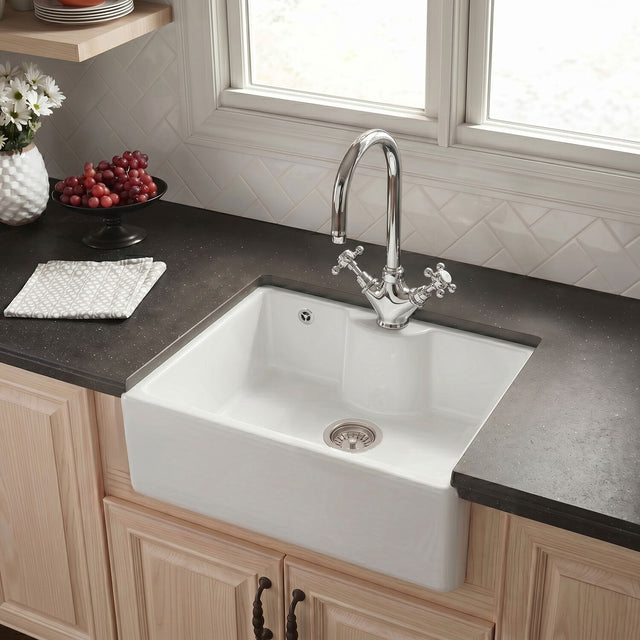 [BSK205WT2] Single Bowl Fireclay Ceramic Butler Kitchen Sink Bundle with Tap Ledge, Overflow, Tap & Waste - Silo