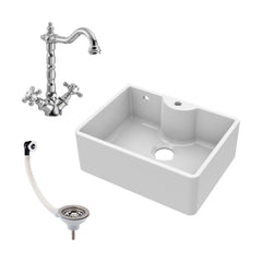 [BSK205WT4] Single Bowl Fireclay Ceramic Butler Kitchen Sink Bundle with Tap Ledge, Overflow, Classic Tap & Waste - Cutout
