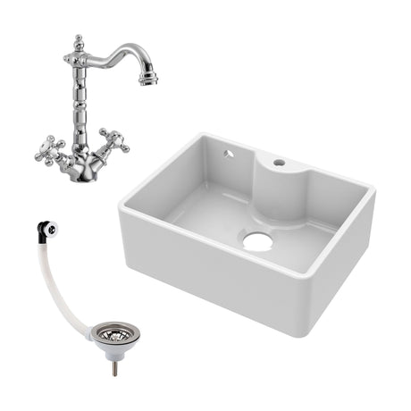 [BSK205WT4] Single Bowl Fireclay Ceramic Butler Kitchen Sink Bundle with Tap Ledge, Overflow, Classic Tap & Waste - Cutout