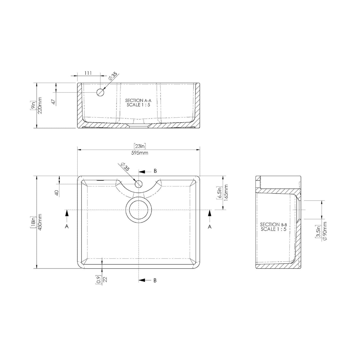 [BSK205WT4] Single Bowl Fireclay Ceramic Butler Kitchen Sink Bundle with Tap Ledge, Overflow, Classic Tap & Waste - Technical Drawing
