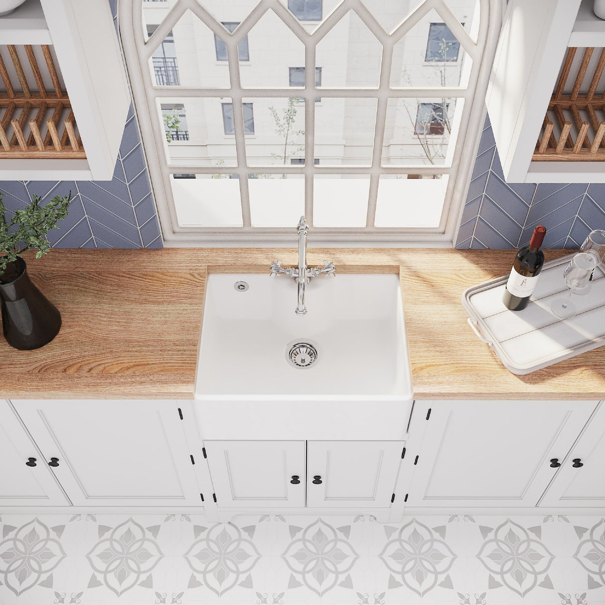 [BSK205WT4] Single Bowl Fireclay Ceramic Butler Kitchen Sink Bundle with Tap Ledge, Overflow, Classic Tap & Waste - Lifestyle 2