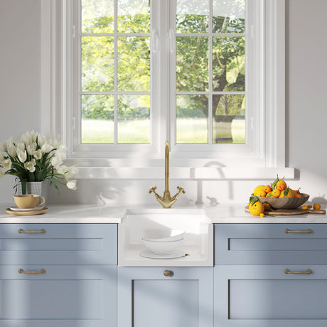 [BSK219WT11] Traditional Fireclay Kitchen Bundle: Single Bowl Belfast Sink and Strainer Waste & Mono Crosshead Tap, 460mm - Brushed Brass - Lifestyle 1