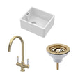 [BSK219WT12] Traditional Fireclay Kitchen Bundle: Single Bowl Belfast Sink, Strainer Waste & Mono Lever Handle Tap, 460mm - Brushed Brass - Cutout