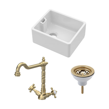 [BSK219WT13] Fireclay Kitchen Bundle: Single Bowl Belfast Sink, Strainer Waste & French Classic Tap, 460mm - Brushed Brass - Cutout
