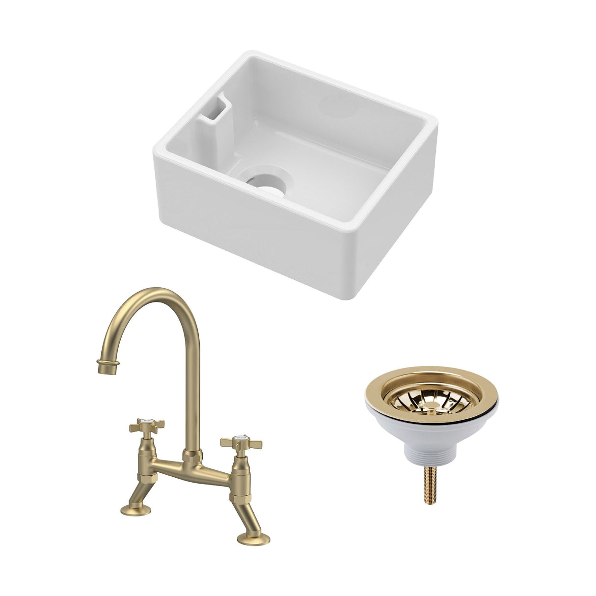 [BSK219WT14] Fireclay Kitchen Bundle: Single Bowl Belfast Sink, Strainer Waste & Bridge Tap, 460mm - Brushed Brass - Cutout