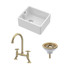 [BSK219WT14] Fireclay Kitchen Bundle: Single Bowl Belfast Sink, Strainer Waste & Bridge Tap, 460mm - Brushed Brass - Cutout