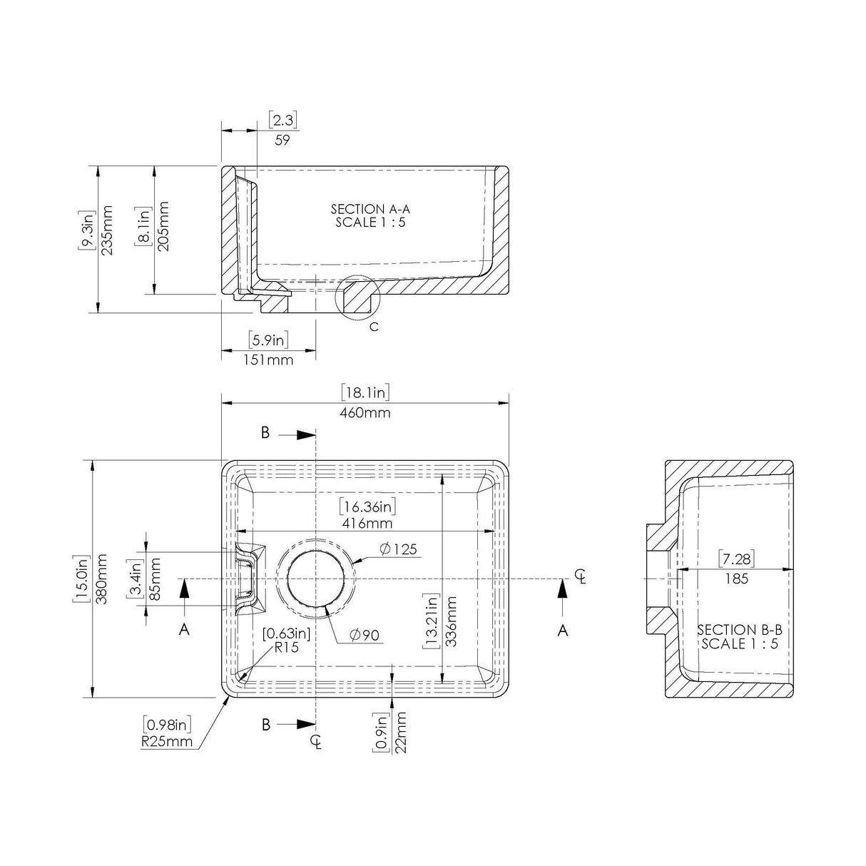 [BSK219WT14] Fireclay Kitchen Bundle: Single Bowl Belfast Sink, Strainer Waste & Bridge Tap, 460mm - Brushed Brass - Technical Drawing